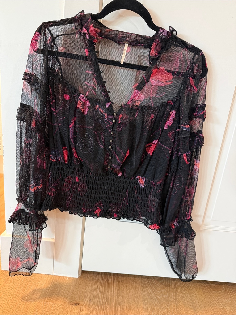 Free People Black Sheer Blouse with Pink Floral Accents